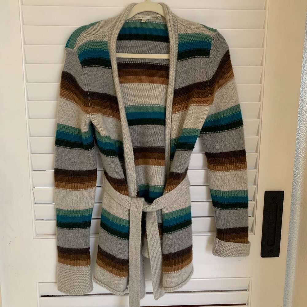 Vince Stripe Cashmere Cardigan Sweater with Tie Closure